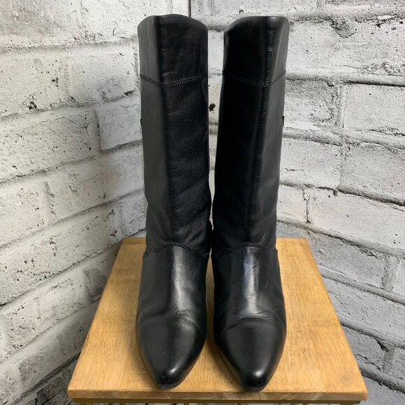 Vintage 80s Black Leather Retro Boots Black 7 Mid Calf Mid Low Kitten Cone Heel - Picture 2 of 16